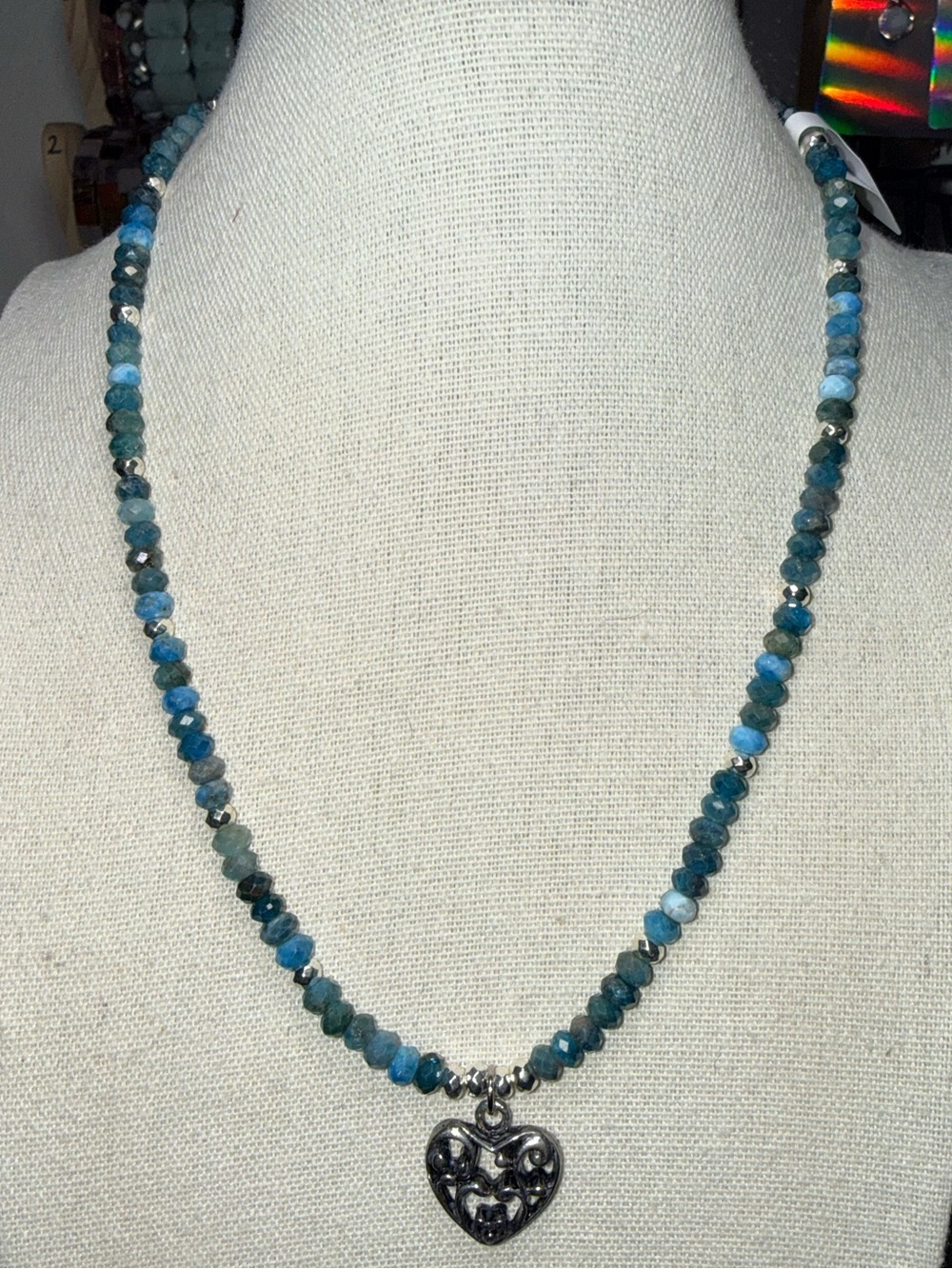 5mm Faceted Blue Apatite Rondelle Necklace 17” Mykonos Heart